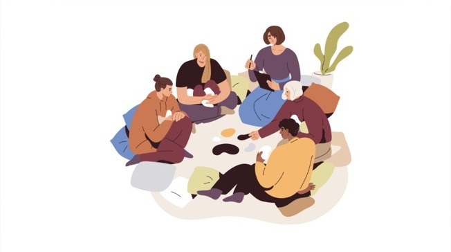 Illustration of women sitting together in a supportive group