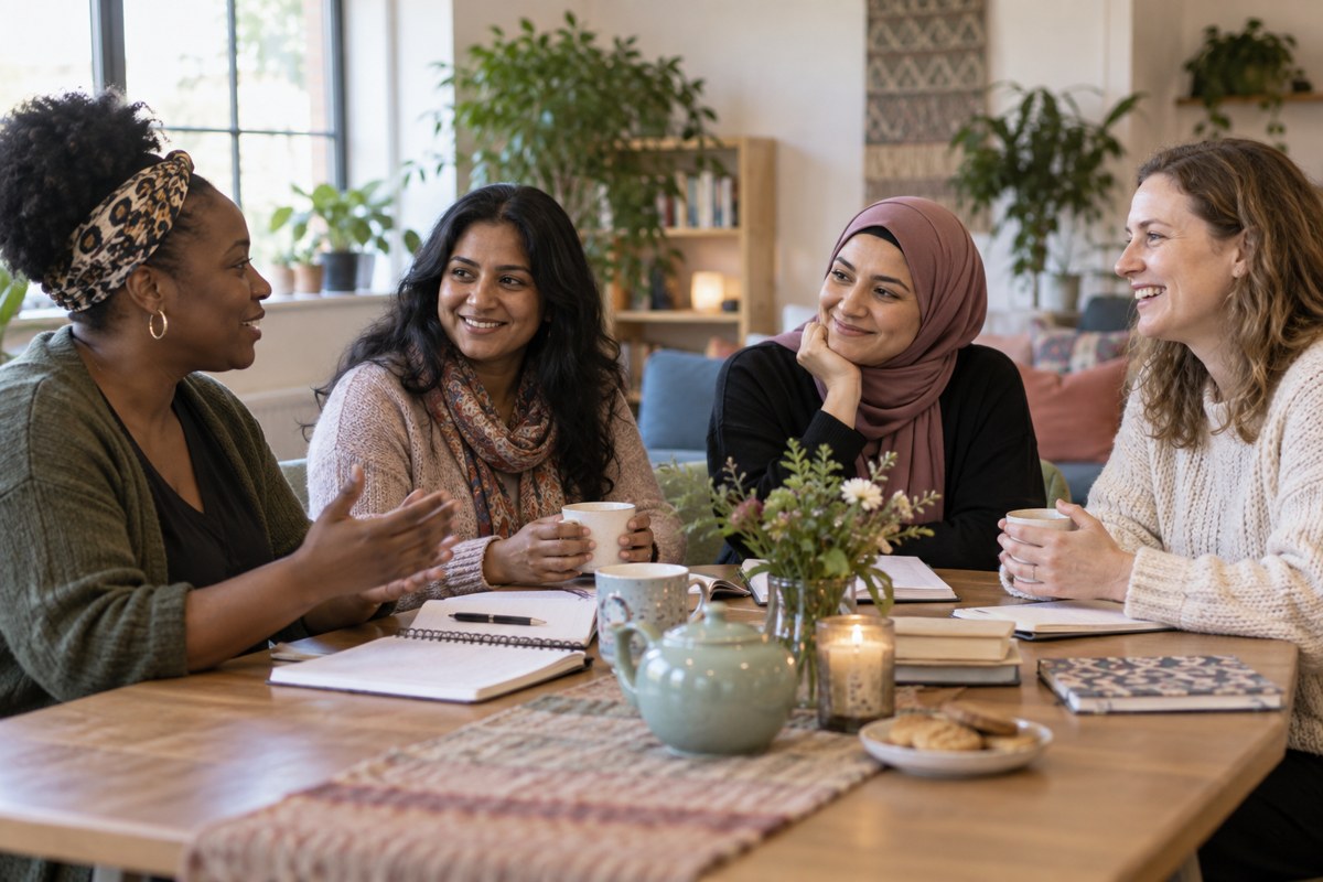 Women connecting through a warm, friendly conversation